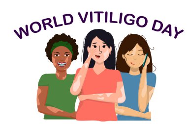  Beyaz arka planda izole edilmiş farklı ırktan kadınlarla vektör çizimi. Dünya Vitiligo Günü teması üzerine resim