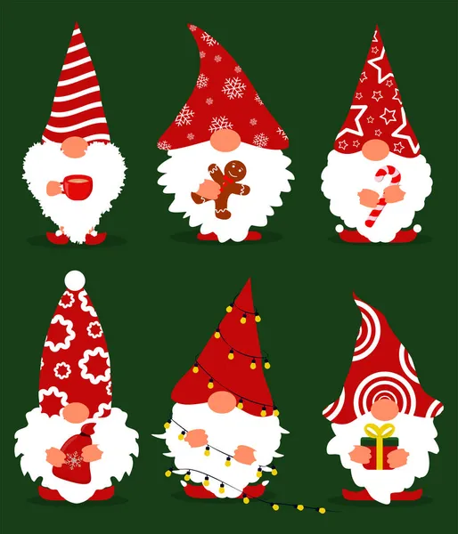 Conjunto Ilustraciones Vectoriales Con Pequeños Gnomos Estilo Navideño Sobre Fondo — Archivo Imágenes Vectoriales