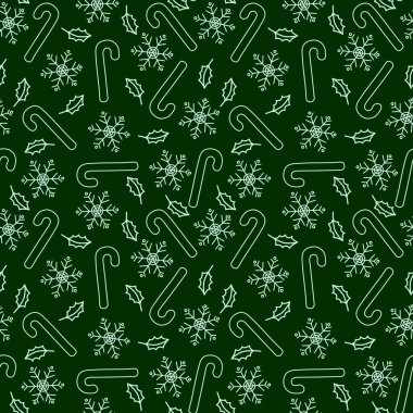 Koyu yeşil arka planda kar taneleri ve şeker kamışı siluetleri olan bir Noel vektör deseni. Yeni yıl teması