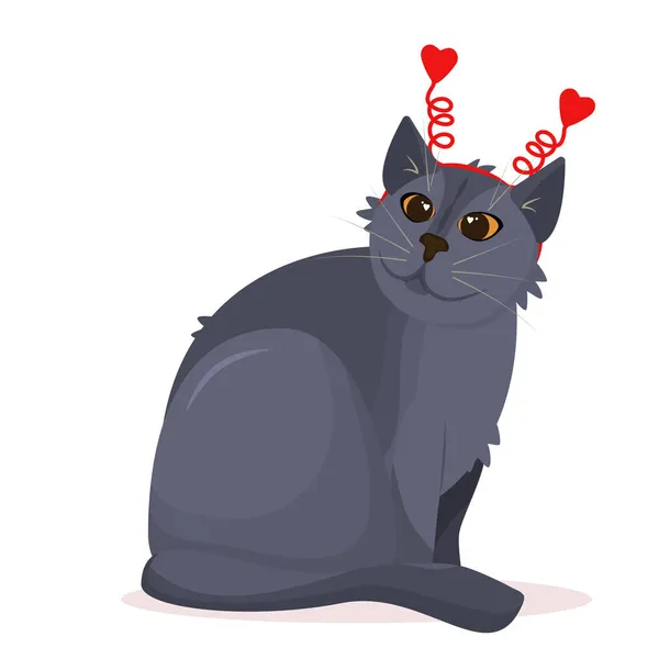 Векторная Иллюстрация Британской Породы Кошки Смешным Украшением Сердцами Голове Изолированными — стоковый вектор