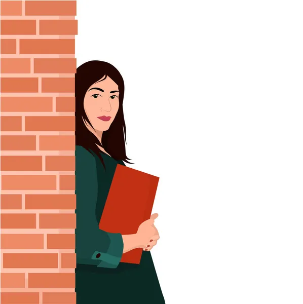 Illustration Vectorielle Une Jeune Femme Brune Appuyée Contre Mur Briques — Image vectorielle