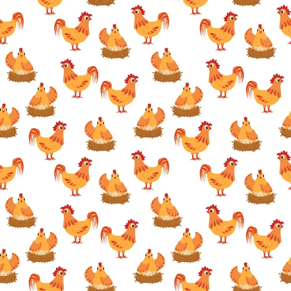 白い背景に鶏が卵を孵化させ雄鶏が隣に立っている子供のベクトルパターンです イースターのテーマ — ストックベクタ