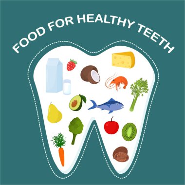vector illustration on the topic of nutrition for dental health. Image of a tooth with useful products
