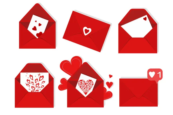 Zestaw Czerwonych Kopert Literami Pełnymi Miłości Ilustracja Walentynki Zestaw — Wektor stockowy