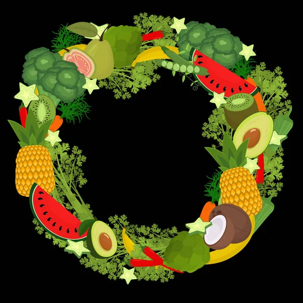 Ilustração Vetorial Vegetais Frutas Reunidas Uma Grinalda Fundo Preto Conceito — Vetor de Stock