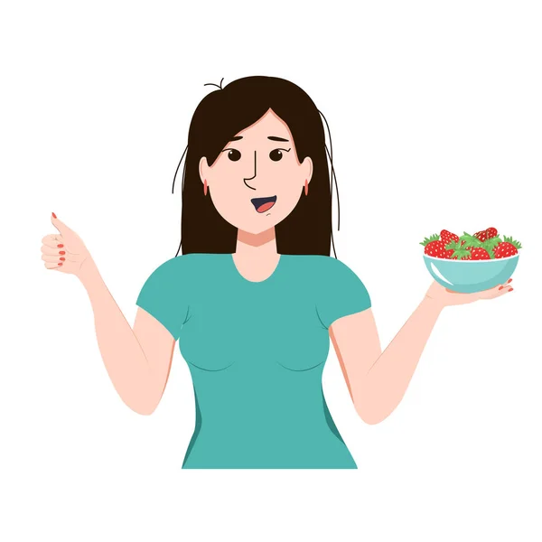 Illustration Vectorielle Une Jeune Femme Brune Asiatique Tenant Une Assiette — Image vectorielle
