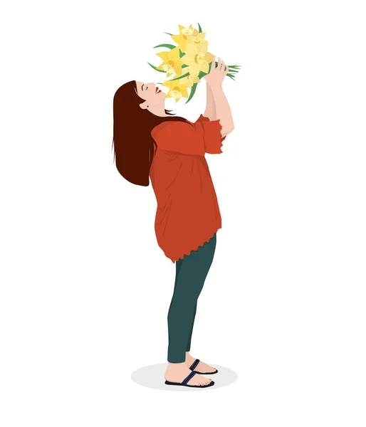 Векторна Ілюстрація Молодої Жінки Яка Насолоджується Букетом Квітів Руках Ізольована — стоковий вектор