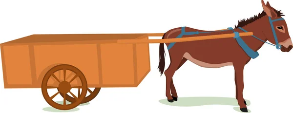 Vector Illustration Brown Donkey Harnessed Wooden Cart Isolated White Background — Stock Vector