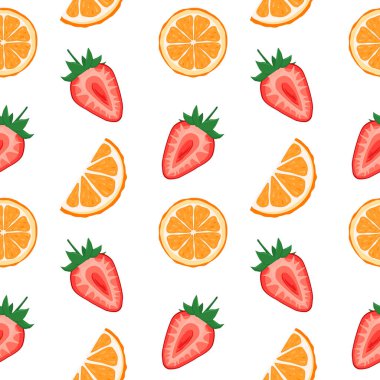 Beyaz arka planda çilek ve portakal dilimli vektör deseni