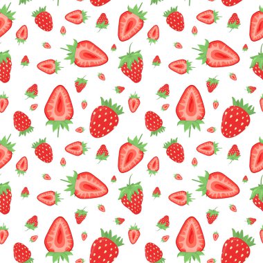 Beyaz arka planda bütün ve kesilmiş çilek ile yaz vektör deseni