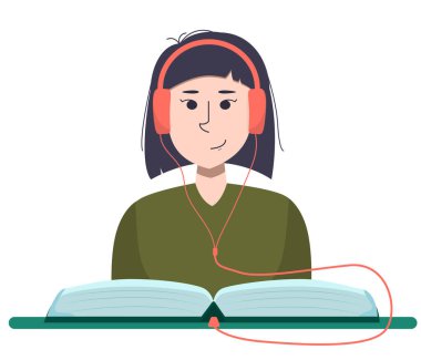 Kulaklık takan genç Asyalı bir kadının açık bir kitabın önünde otururken vektör çizimi. Okuyup dinlemek için aşk teması.