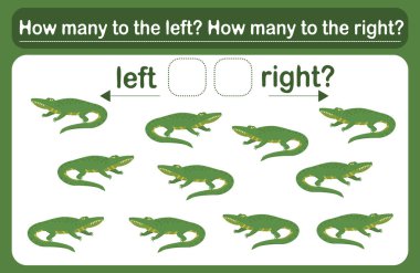 Sağlı sollu çocuklar için bir mantık oyunu. Timsahlarla mekansal yönelim. Eğitim kâğıdı. Kaç timsah sola döndü, kaç tanesi sağa döndü say..
