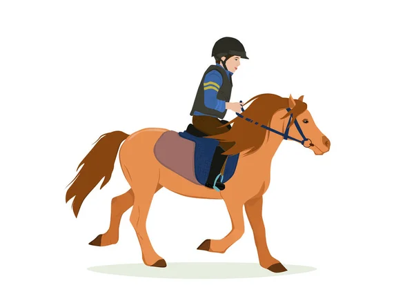 关于骑马主题的矢量说明 一个戴着头盔和防弹背心的男孩骑着一匹小马 被白色背景隔离 — 图库矢量图片