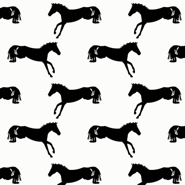 black and white vector pattern with silhouettes of horses. The theme of farm animals and equestrian sports