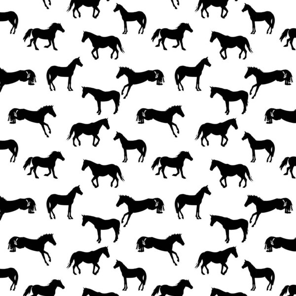 black and white vector pattern with silhouettes of horses. The theme of farm animals and equestrian sports