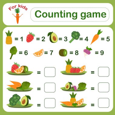 Sebzeler ve meyvelerle çocuk matematiksel toplama oyunu. Vektör illüstrasyonu