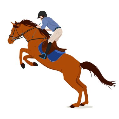 Beyaz bir arka planda izole bir şekilde koşan ve zıplayan bir atın vektör çizimi. Binicilik sporları teması