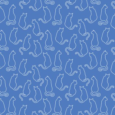 Mavi arka planda beyaz kedi siluetleri olan vektör deseni