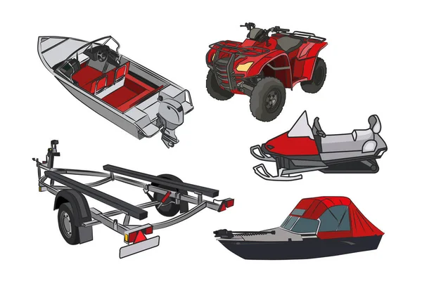 Транспорт для активного відпочинку. Човен, снігохід, трейлер, тенти, квадроцикл. Векторний набір . — стоковий вектор
