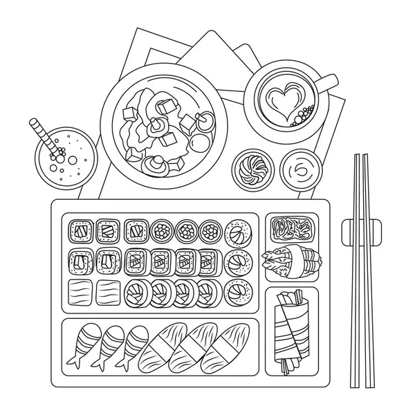 Sushi Set.Food.Coloring book antistress for children and adults.在白色背景上孤立的示例。黑白绘图 免版税图库插图