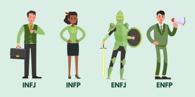 MBTI kişilik testine göre farklı işi olan diplomatlar. Düz vektör izole çizimi