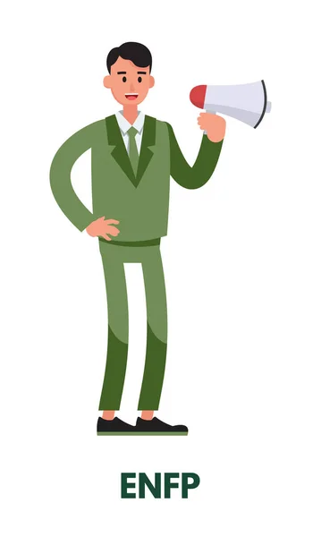 Male Campaigner Talking While Holding Megaphone Representing Enfp Diplomats Personality — Stock Vector