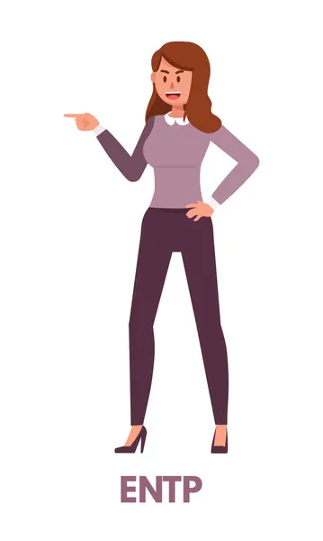 Debater Woman Purple Clothing Pointing Finger Left Representa Tipo Personalidad — Vector de stock