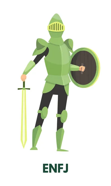 Caballero Masculino Con Armadura Verde Cuerpo Completo Mientras Lleva Espada — Vector de stock