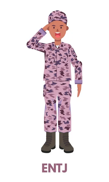 Comandante Militar Ropa Púrpura Haciendo Saludo Representa Tipo Personalidad Analista — Vector de stock