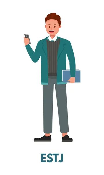 Executive Man Blue Suit Clothing Holding Phone Book Representing Estj — Stock Vector