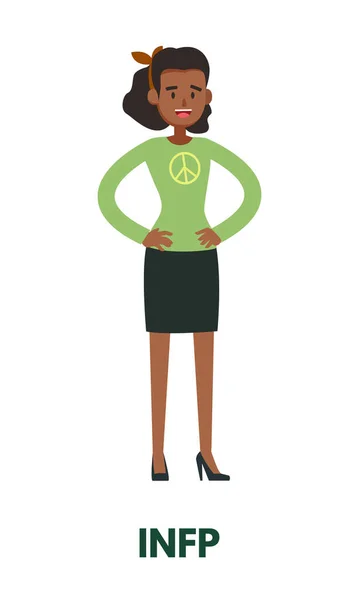 Barış Kampanyası Arabulucusu Yeşil Elbiseli Siyahi Kadın Mbti Den Infp — Stok Vektör