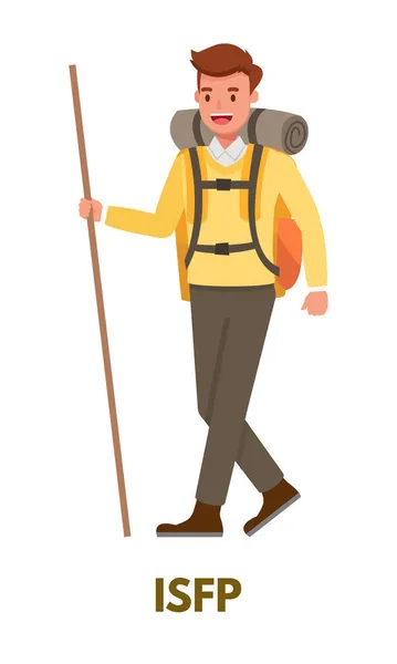 Adventurer Man Yellow Clothing Backpack Stick Represents Estp Explorer Personality — Stock Vector