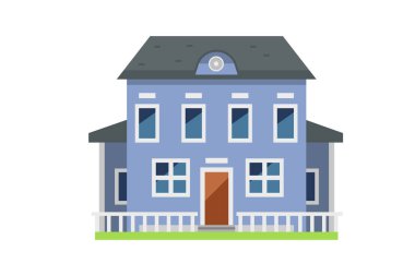İki katlı mavi ev satılık. Düz vektör sanatı beyaz arkaplanda izole edildi