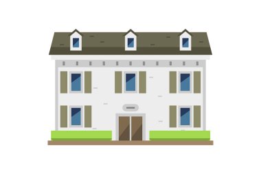 İki katlı beyaz ev satılık. Düz vektör sanatı beyaz arkaplanda izole edildi