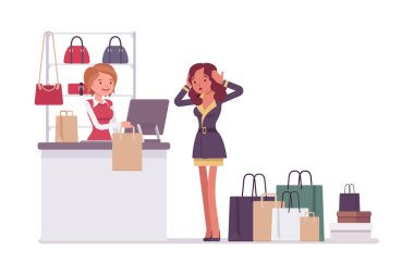 Kadın alışveriş masraflarıyla sürpriz yapıyor. İnsanlar alışveriş merkezlerinde bir sürü alışveriş çantasıyla etkileşim halindeler. Beyaz arkaplanda izole edilmiş düz karakter çizimi