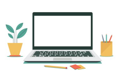 Tipik ofis çalışma alanı için dizüstü bilgisayar, bitki ve kalem kutusu. Markalaşma amacı için boş ekran şablonu. Düz vektör çizimi beyaz arkaplanda izole edildi
