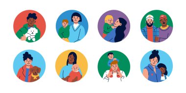 Farklı ırktan, ten renginden, yaşından ve cinsiyetinden insanlar. Erkek ve kadın, anne baba ve çocuk, biseksüel partner, evlatlık çocuk, evcil hayvan. Düz vektör çizimi beyaz arkaplanda izole edildi