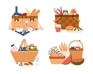 Piknik için sepette çeşitli lezzetli yiyecekler var. Beyaz arkaplanda izole edilmiş düz vektör çizimi