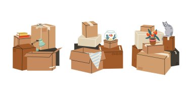 Taşındıkları için birbirlerine karşı dizilmiş kutular. Üstünde akvaryum balığı kasesi, bitkiler, kitaplar, bitki ve kedi gibi rastgele şeyler olan karton kutular. düz vektör çizimi beyaz arkaplanda izole edildi