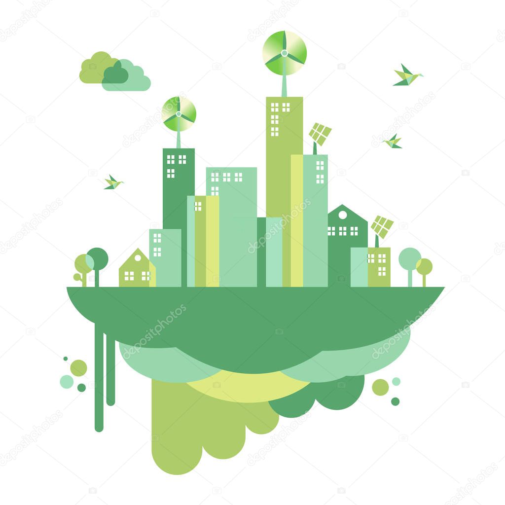 eco friendly city with go green concept. Modern use of natural energy to preserve energy and healthier lifestyle in the upcoming future. Flat vector illustration isolated on white background