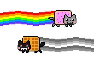 Kedi mim nemesis. Renkli Uzay Kedisi Nyan ve Siyah Waffle Kedisi Tac Nayn birbirlerine karşı. Beyaz arka planda 8 bit piksel resim izole edilmiş. Düz dijital vektör illüstrasyonu