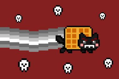 Şeytani uzay kedisi, gri lekeli duman ve kırmızı arka planlı kafatasları yaratıyor. Ölümün kara kedisi. Kedi mim 8 bit piksel vektör çizimi