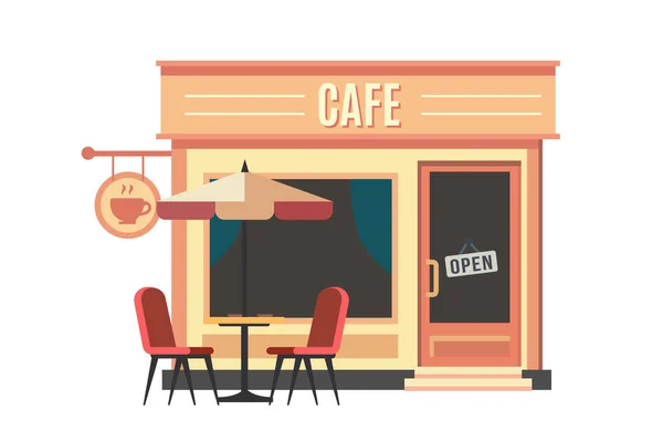 Cafe Gebäude Mit Offenem Schild Und Sitzgelegenheiten Freien Mit Sonnenschirm — Stockvektor