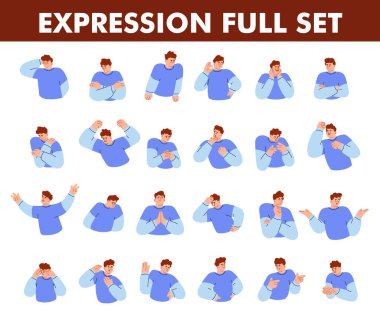 24 farklı pozu, jesti ve ifadesi olan erkek karakter koleksiyonu. Mutlu, üzgün, kafası karışık ve kızgın. Düz vektör çizimi beyaz arkaplanda izole edildi