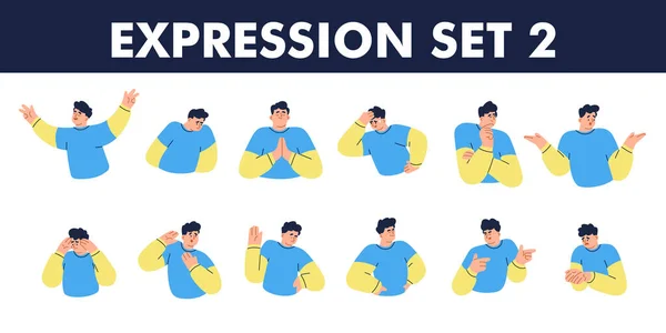 Tweede Set Jongenskarakter Blauw Geel Shirt Met Verschillende Pose Expressie — Stockvector