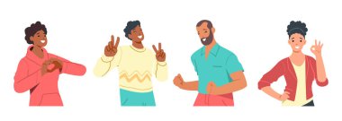 Bir dizi mutlu karakter. El ve vücut hareketleri, dans ederek eğlenmek. Beyaz arkaplanda izole edilmiş düz vektör renkli illüstrasyon