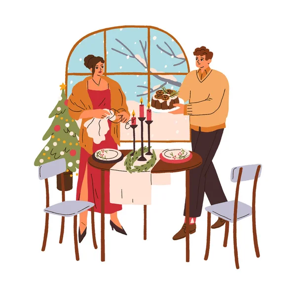Пара Святкує Різдво Романтичною Вечерею Вдома Взимку Плоска Векторна Ілюстрація — стоковий вектор