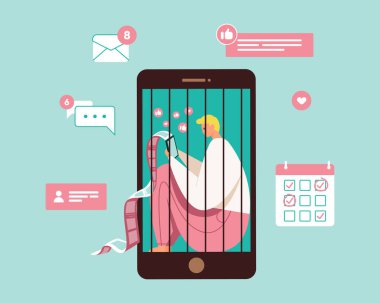 Sosyal medya hapishanesinde telefonunun içinde mahsur kalan erkek karakter. Yeşil arkaplanda sosyal medya bağımlısı düz vektör çizimi