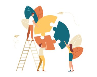 Karakter takım çalışması problem çözme. Bir yapboz üzerinde birlikte çalışıyoruz. Merdivenin tepesinde duran ve katkı yapan kocaman yapraklı bir adam. Düz renkli vektör çizimi beyaz arkaplanda izole edildi