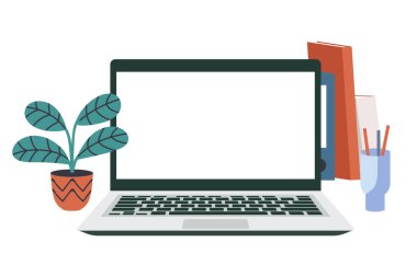 Boş dizüstü bilgisayar ekran şablonu. Bitkilerle, kitaplarla, dosya tutucuyla ve kalem kutusuyla çalış. Düz vektör çizimi beyaz arkaplanda izole edildi